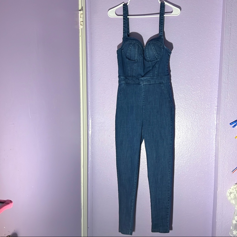 Blue Denim Overalls with High-Waisted Design
